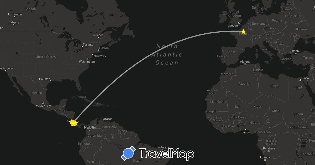 TravelMap itinerary: driving, plane in Costa Rica, France (Europe, North America)