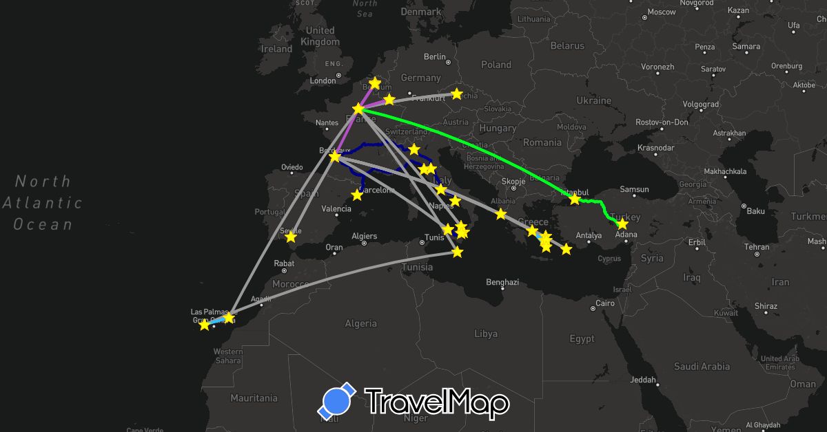 TravelMap itinerary: driving, plane, train, boat, suivant in Belgium, Czech Republic, Spain, France, Greece, Italy, Luxembourg, Malta, Turkey (Asia, Europe)