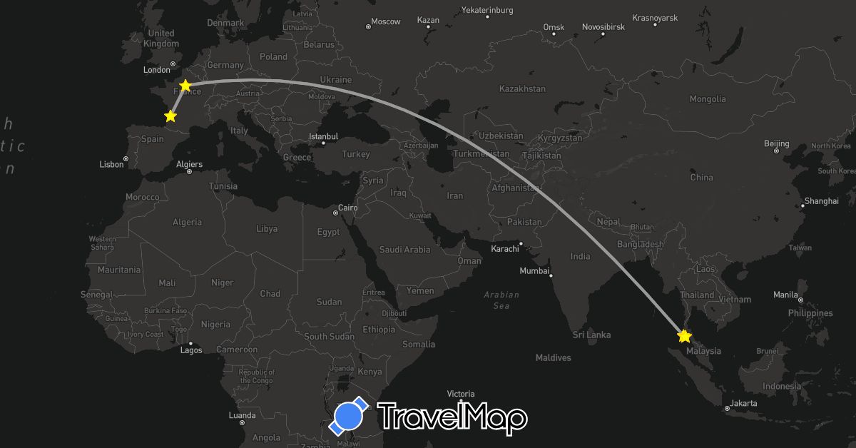 TravelMap itinerary: driving, plane, boat in France, Thailand (Asia, Europe)