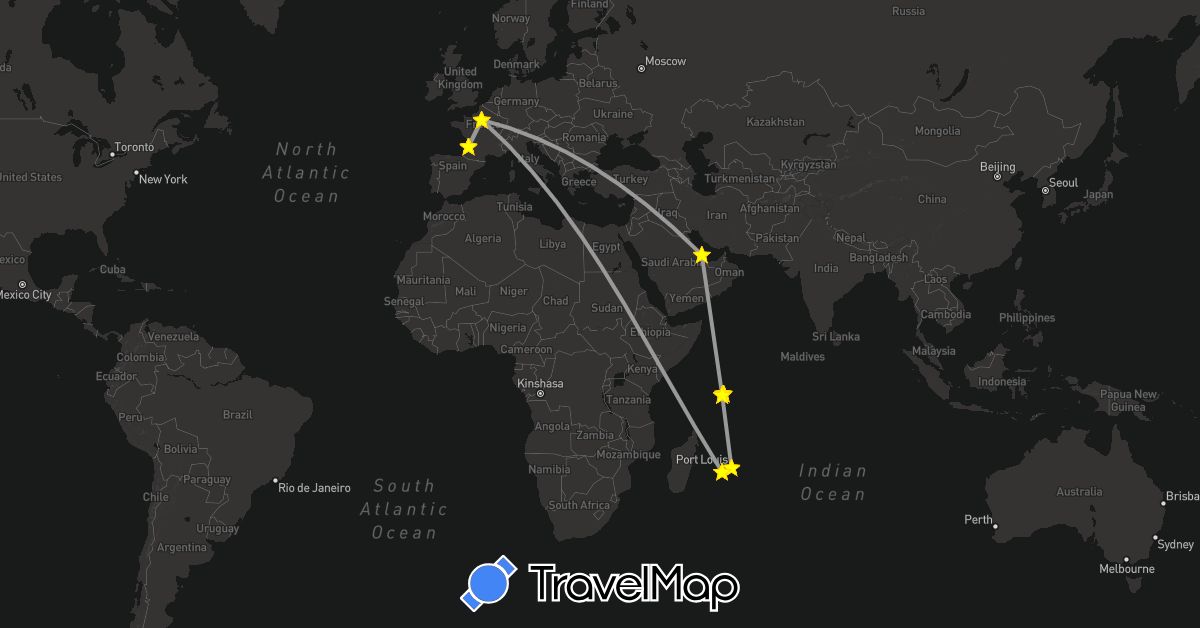 TravelMap itinerary: driving, plane, boat in France, Mauritius, Qatar, Seychelles (Africa, Asia, Europe)