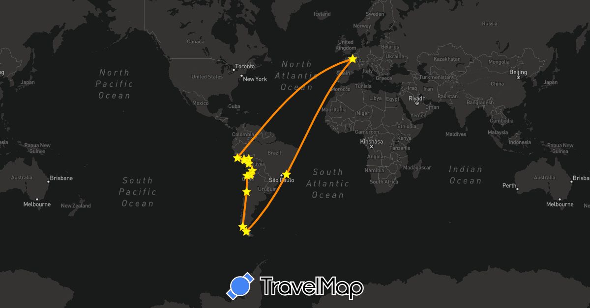 TravelMap itinerary: driving, projet in Bolivia, Brazil, Chile, France, Peru (Europe, South America)