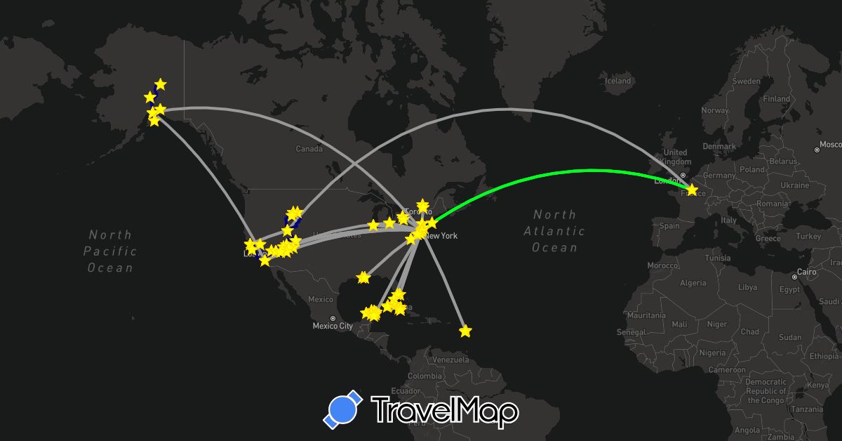 TravelMap itinerary: driving, plane, suivant in Canada, Cuba, France, Mexico, United States (Europe, North America)